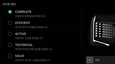 '라이팅 패턴' 메뉴에 들어가면 구매한 패턴을 선택하여 헤드램프에 패턴 ON/OFF 가 가능